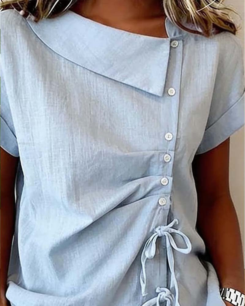 Blus Diagonal Dragsko Knytning Kort Ärm