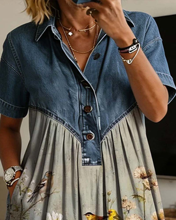 Klänning Skjortkrage Blommig Denim Patchwork