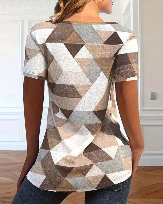 T-shirt Med Casual Färgblock U-formad Hals