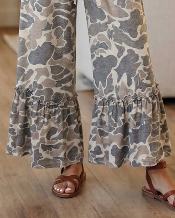 Byxor Elastisk Midja Kamouflage Ruffle Capri
