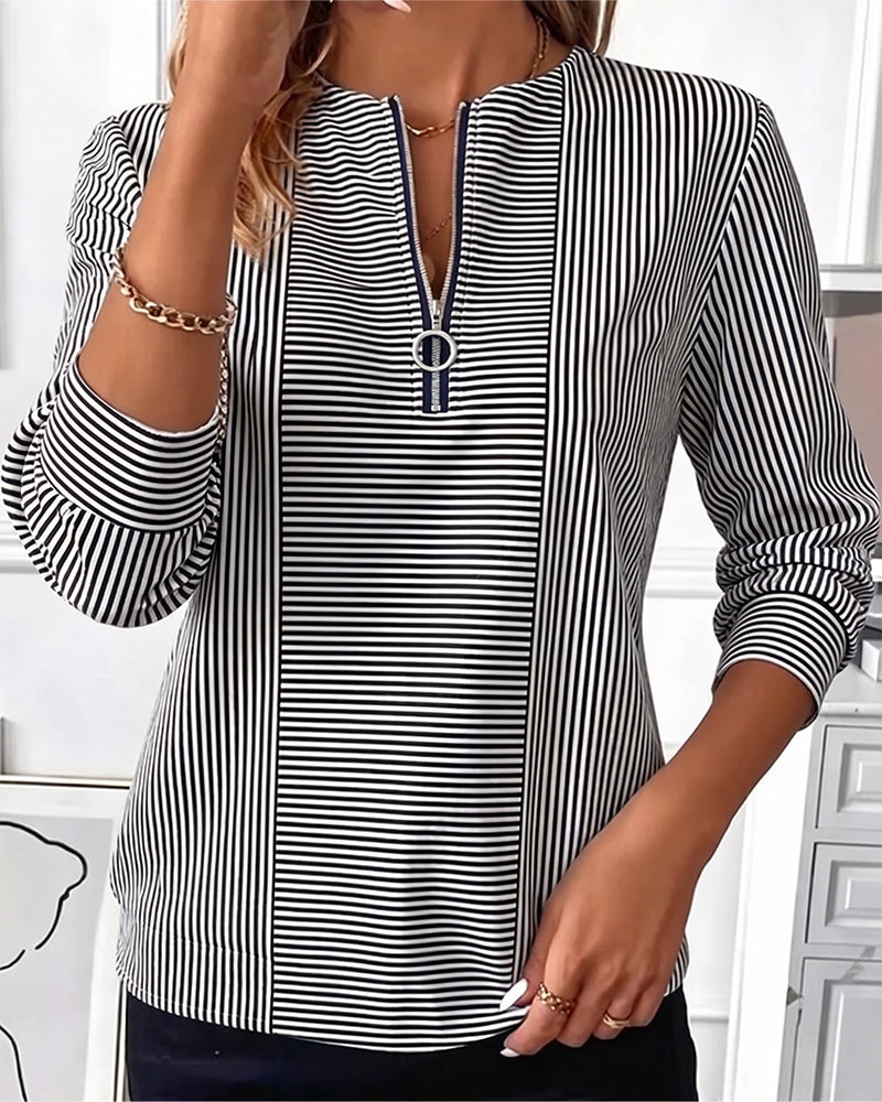 Blus Randig Patchwork Dragkedja Upp