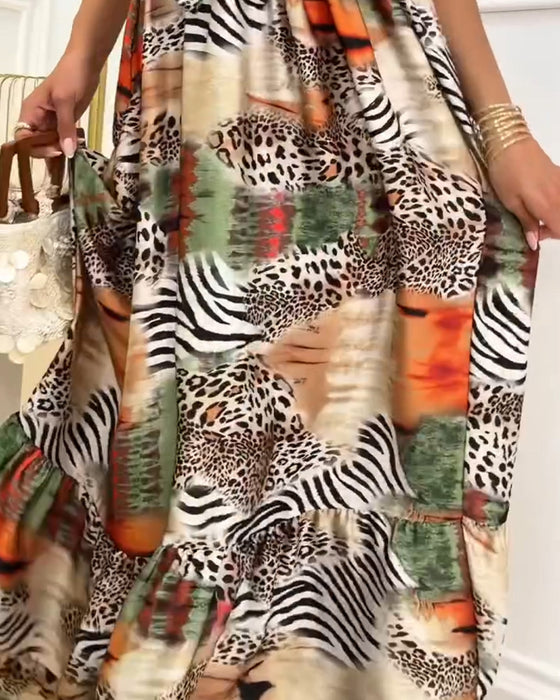 Klänning Leopard Kontrast Spagettiband Patchwork