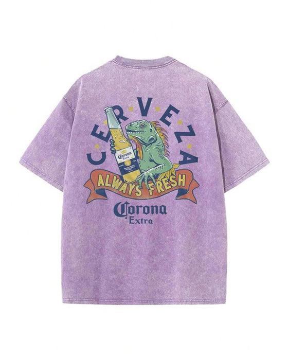 T-Shirt Vintage Nedsliten Tvättad Tryck