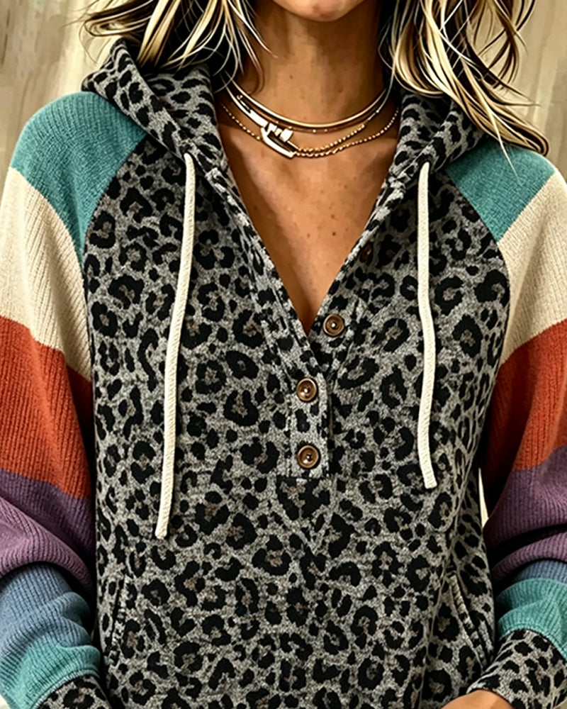 Hoodie Leopard Färgblock Knapp