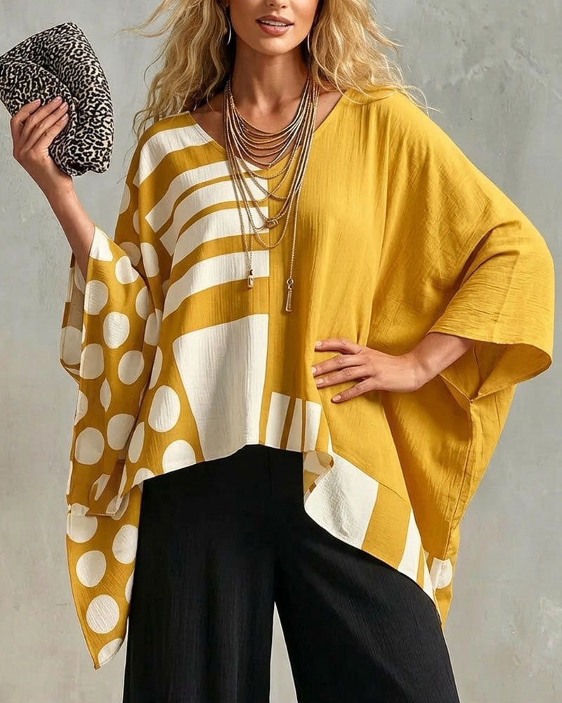 Blouse Polka Dot Rand Patchwork V Ringning