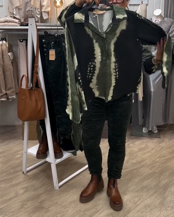 Skjorta Lapel Retro Color Block Långärmad