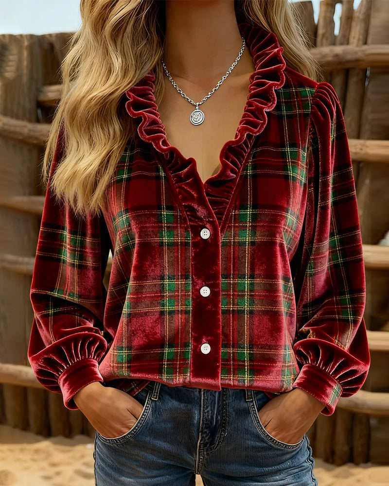 Top Med Volangerdetaljer, V-Krage Design Och Sammetstoff