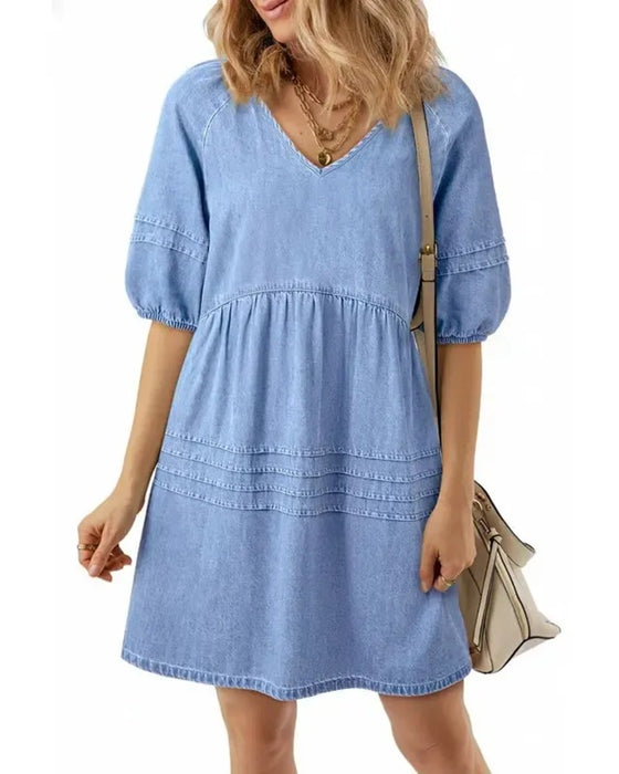 Klänningar Denim V-Hals Puff Ärm