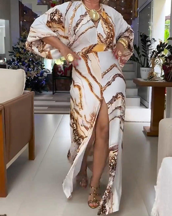 Klänning Långärmad V-Ringning Slits Tryckt