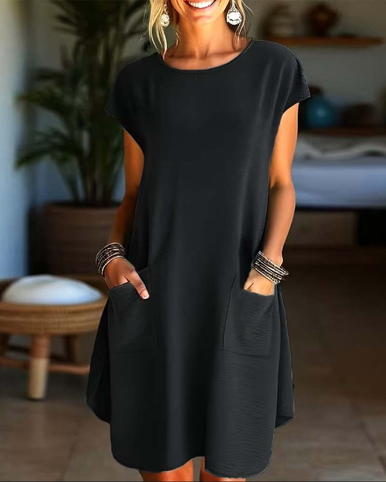 Klänning Fickdetalj Rund Halsringning Kortärmad