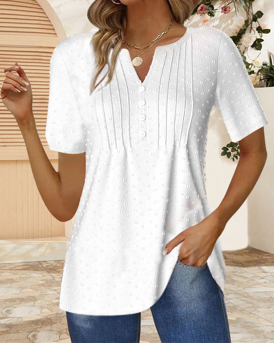 Enkel enfärgad jacquard V-ringad kortärmad topp