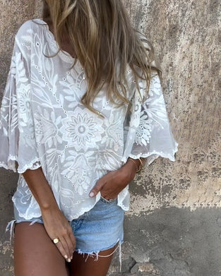 Blus Fjärilsärm Rund Hals Broderad