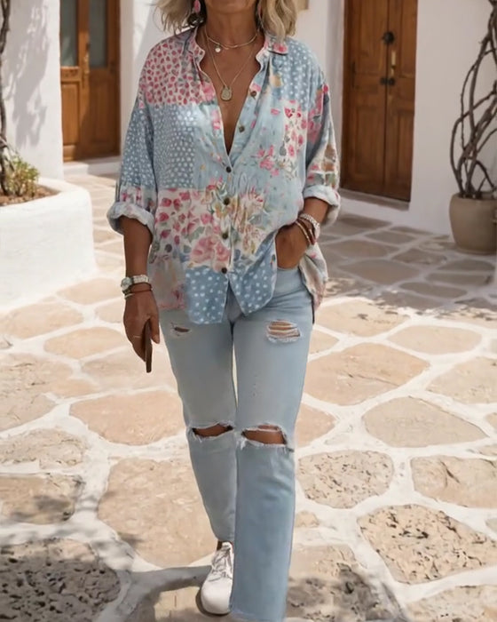 Skjorta Med Småblommigt Mönster Och Ståkrage