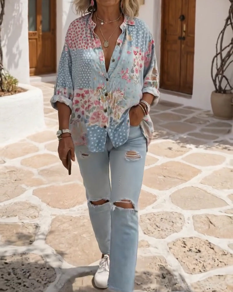 Skjorta Med Småblommigt Mönster Och Ståkrage