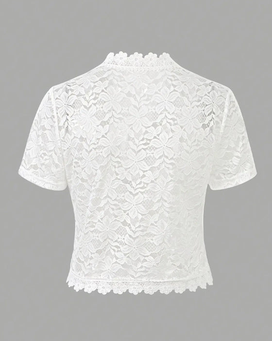Kappa Solid Färg Blommor Spets Kort Ärm