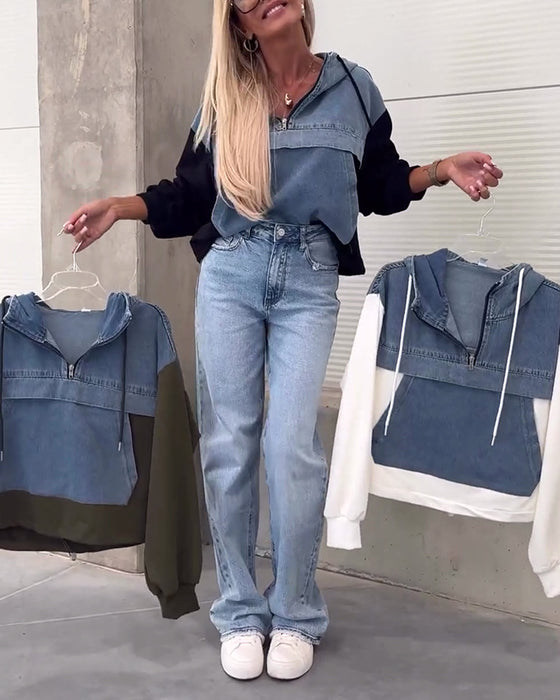 Avslappnad luvtröja med lapptäcke i denim med dragkedja
