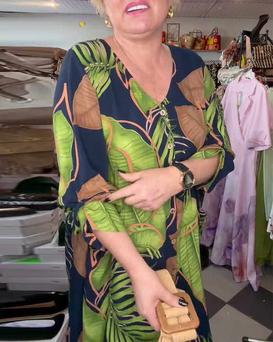 Lös Klänning Med Lövtryck Och V-Ringning