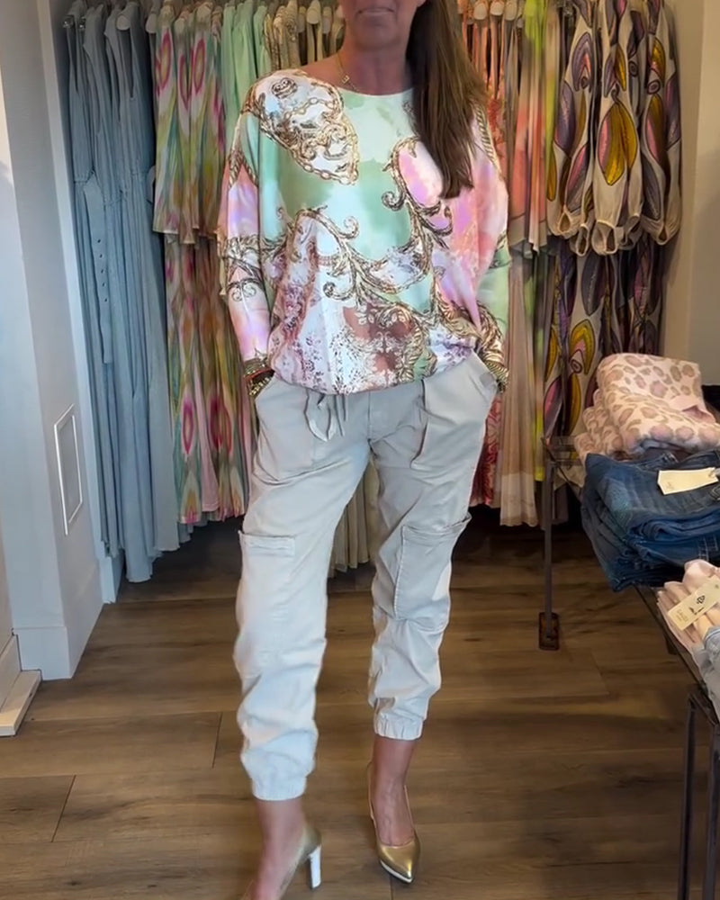 Topp Tryck Löst Drop Axel Lång Ärm