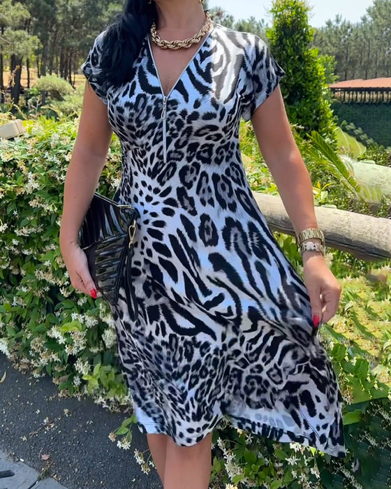 Klänning V-Ringning Dragkedja Leopardtryck