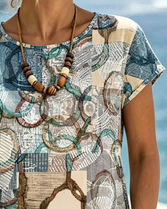 Klädning Rundhalsad Geometrisk Patchwork Tryck