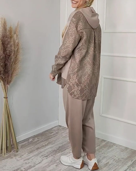 Tvådelat Set Moderiktig Långärmad Lapptäcks Jacquard