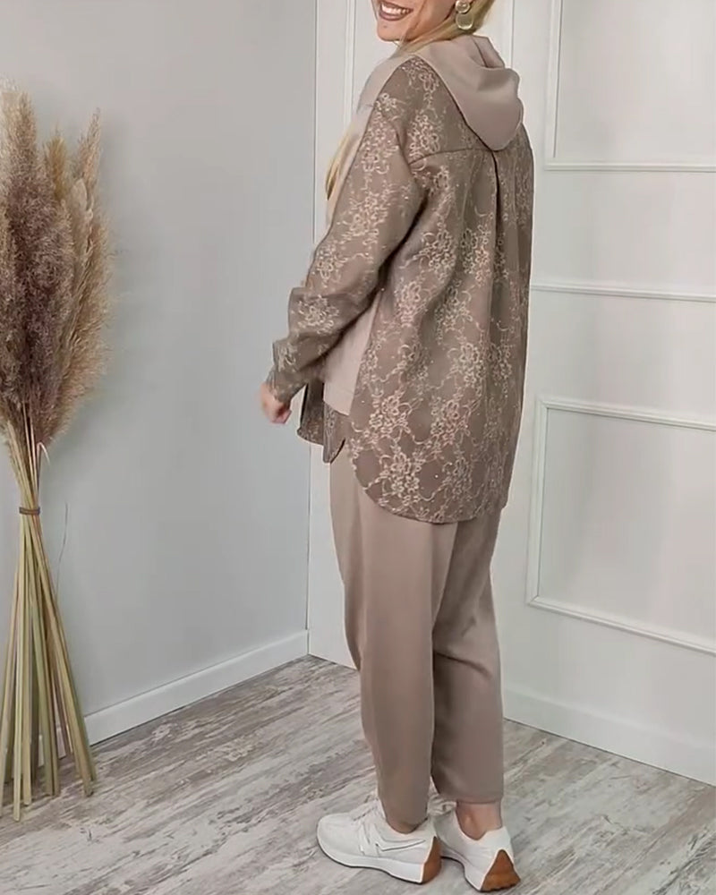 Tvådelat Set Moderiktig Långärmad Lapptäcks Jacquard