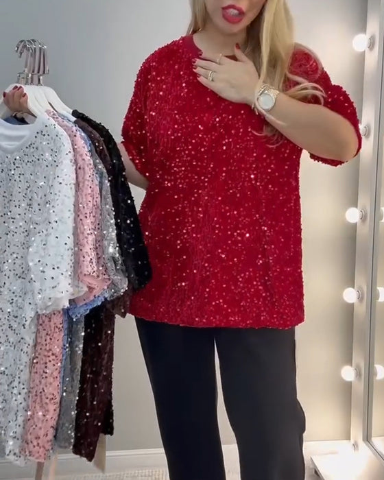 T-Shirt Rund Halsringning Pailletterad Kortärmad