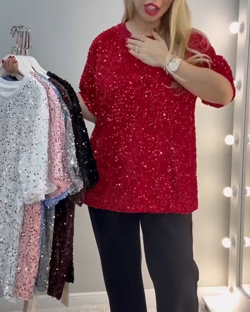 T-Shirt Rund Halsringning Pailletterad Kortärmad