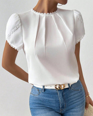 Blus Spets Patchwork Puffärm Veckad