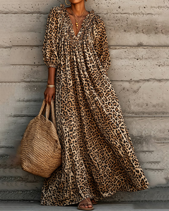 Klänning Leopard Tryck V-Hals Puff Ärm