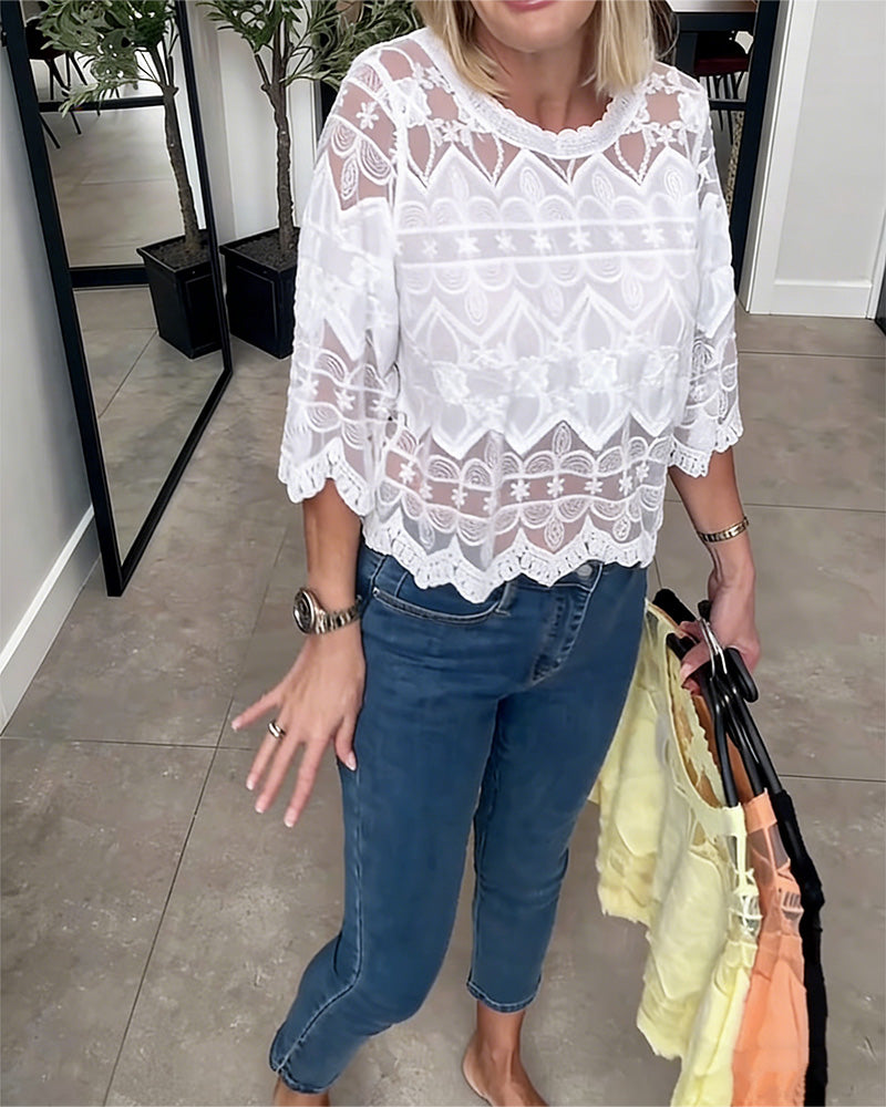 Blus Sheer Mesh Spets Trefjärdedels Ärm