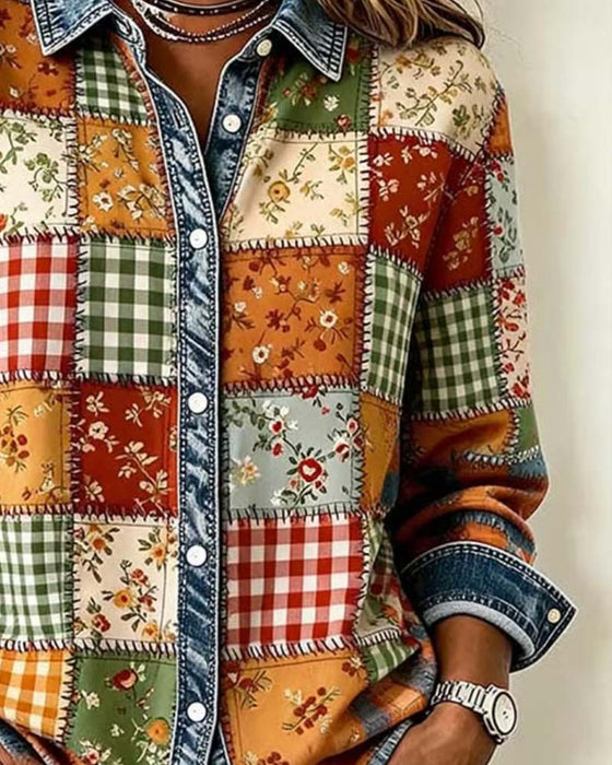 Topp Krage Rutigt Denim Patchwork