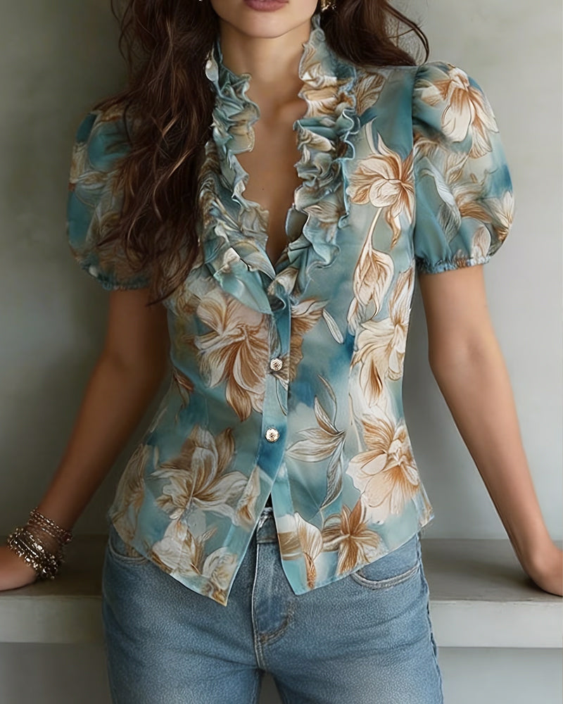 Bluse Med Krås Blommig Puffärm