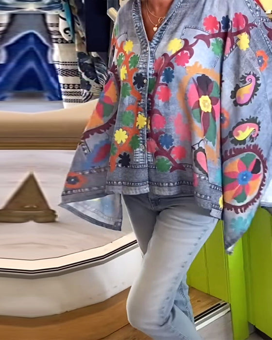 Blus Oregelbunden Print Falsk denim