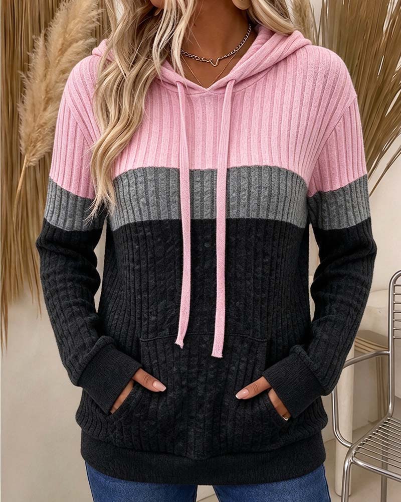 Hoodie Huvförsedd Räfflad Kontrast Ficka