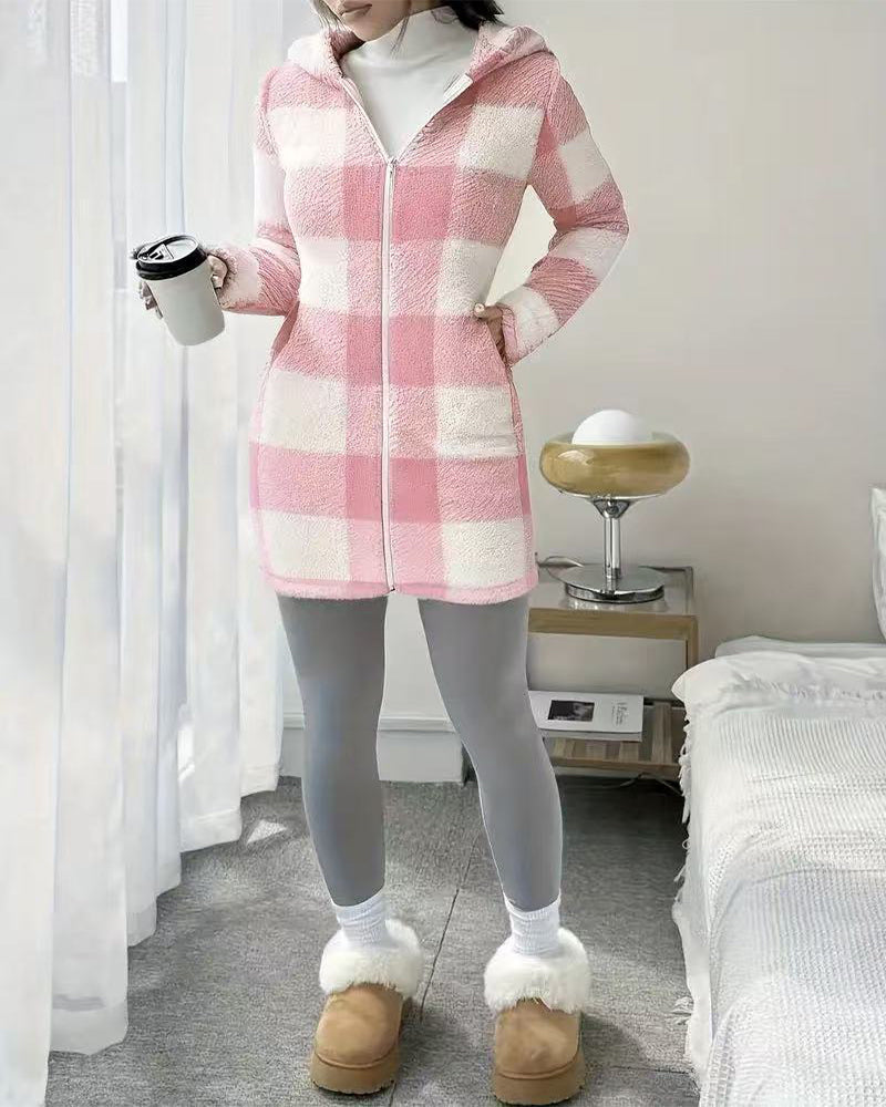 Kvinnors Rutiga Fleecejacka Med Huva Och Lång Ärm