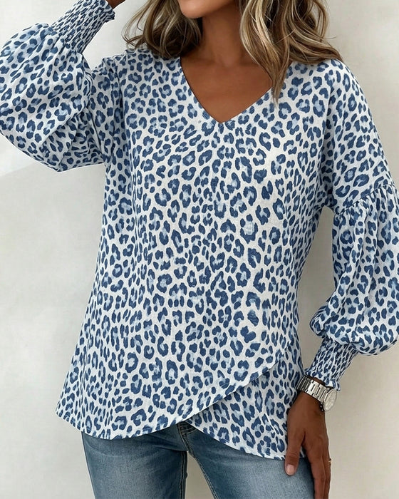 Topp Leopard Lantern-Ärm V-Hals