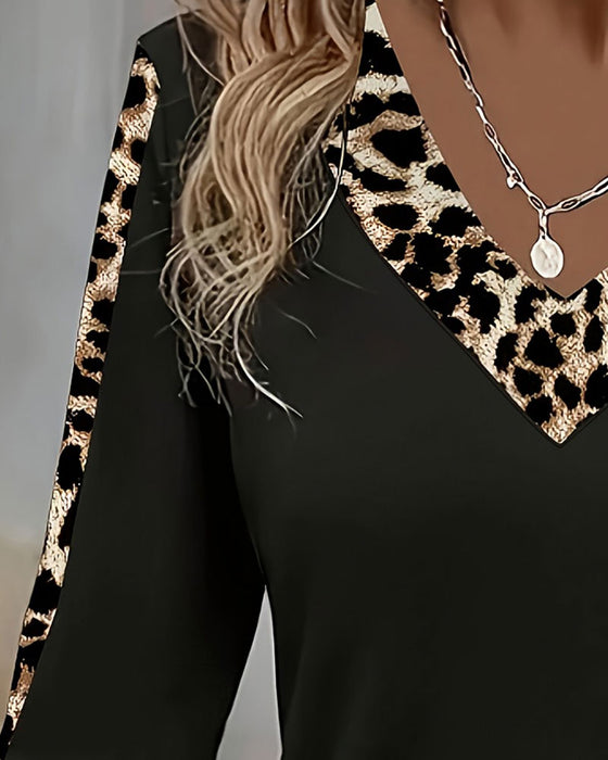 T-Shirt Lång Ärm V-Hals Leopard Patchwork