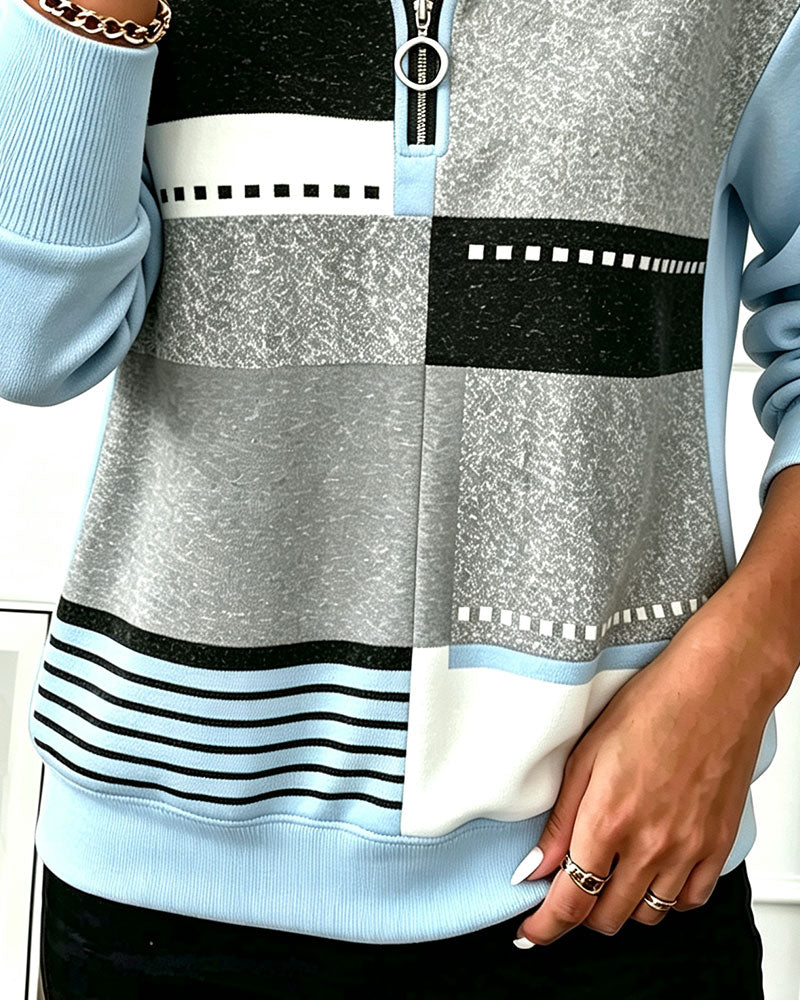 Hoodie Halv Dragkedja Kontrast Geometrisk Tryck