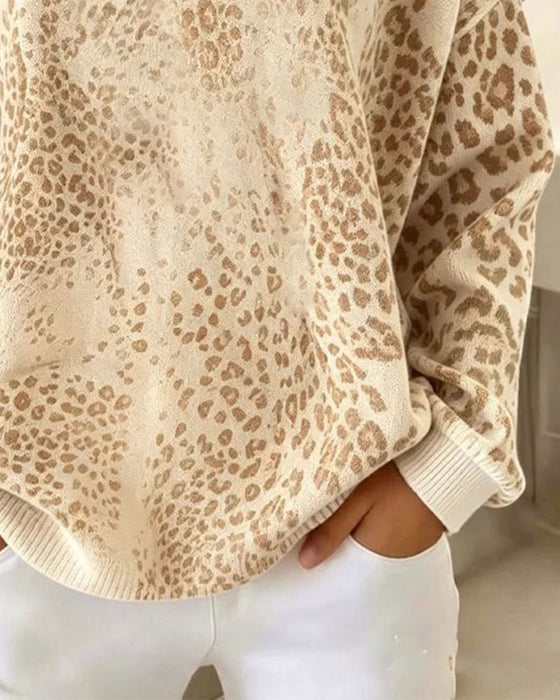 Sweatshirt Leopardmönster Rund Hals Loose Fit