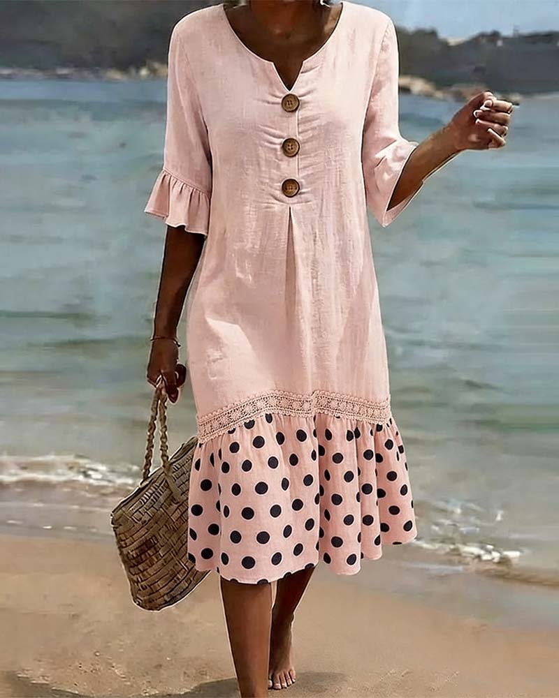 Klänning Polka Dot Lapptäcke Rynkad