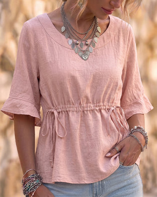 Blus Rund Hals Ruffle Dragsko Solid