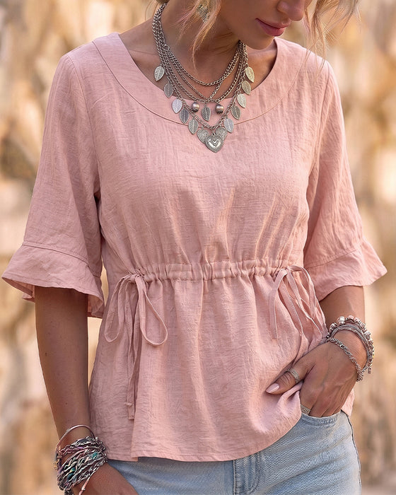 Blus Rund Hals Ruffle Dragsko Solid
