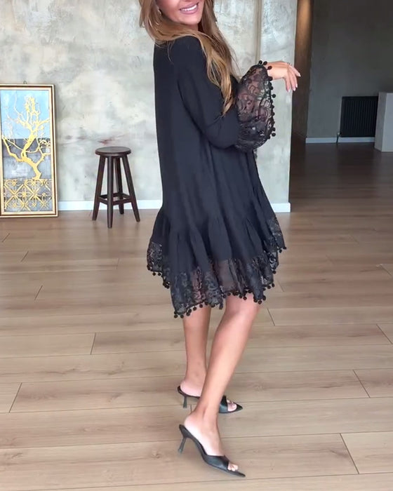 Klänning avslappnad spets enfärgad v-ringad