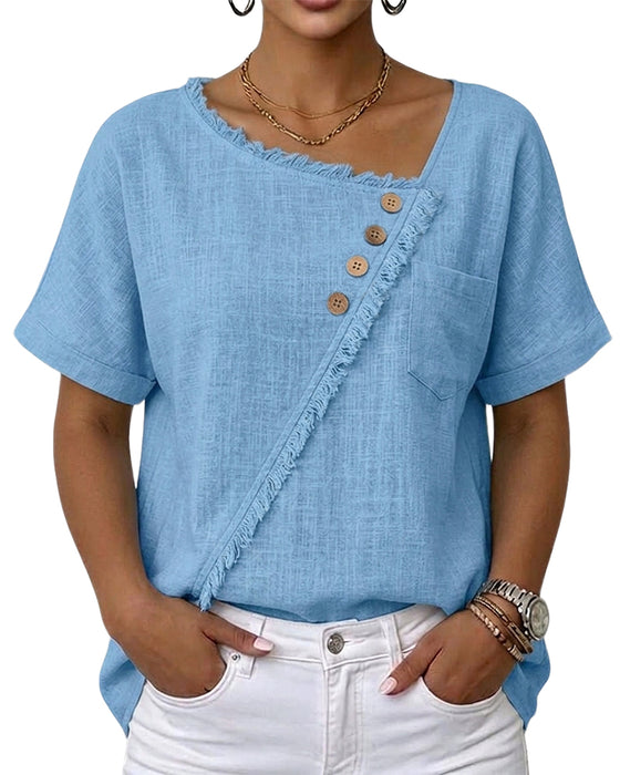 Blouse Rå Kant Snedsydd Knapp Kortärmad