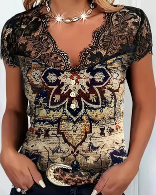 Retroblus I V-Ringning Med Spetskant