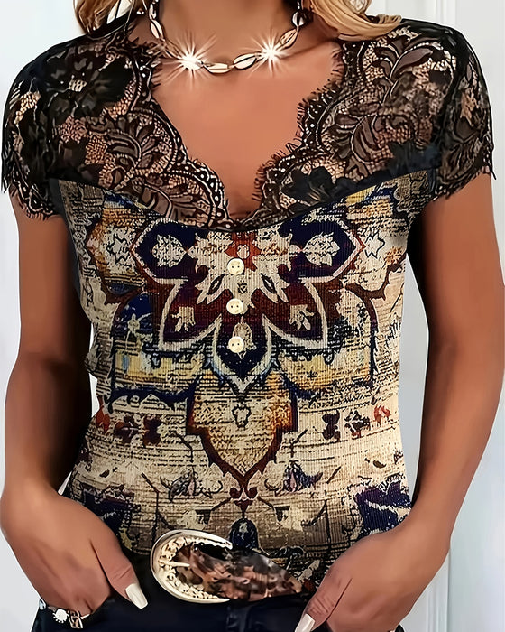 Retroblus I V-Ringning Med Spetskant