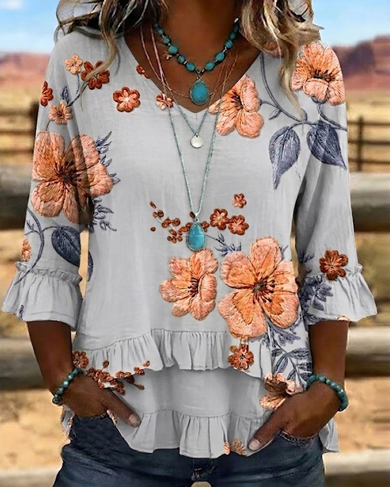 Blus V-Ringning Vintage Blommig Loose Fit