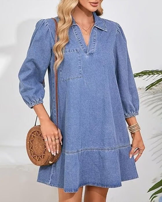 Klänning avslappnad v-ringad knälång smal