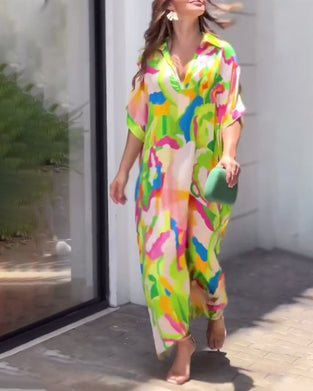 Mönstrad casual klänning med halvärm i lapel